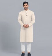 Premium Microstitch Solid Panjabi (Cream) - Image 2