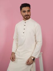 Premium Microstitch Solid Panjabi (Cream) - Image 4